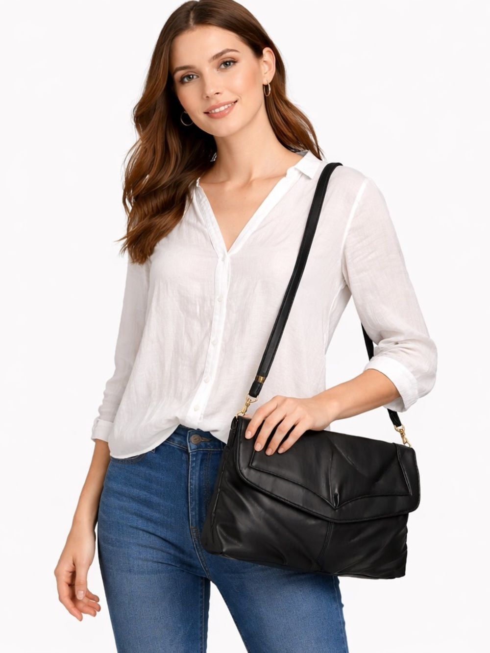 Vintage Classic Black Leather Crossbody Bag - Women's Shoulder Bag
